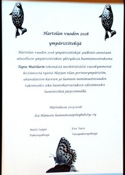 Hartolan vuoden 2018 ympäristötekijä -kunniakirja